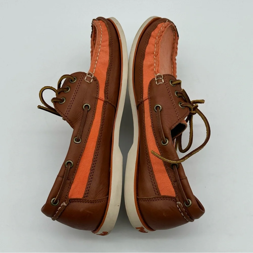 Polo by Ralph Lauren Coral Canvas and Brown Leather Boat Shoes with White Sole
